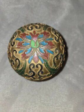 VTG Cloisonné Round Brass Paper Weight Floral Gold Lotus Enamel Paint